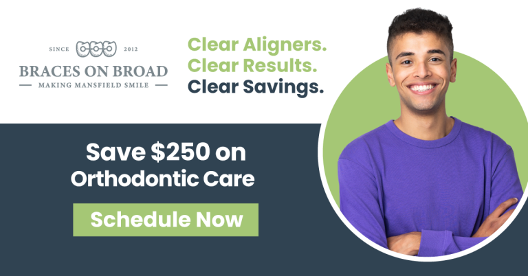 Graphic promoting $250 off orthodontic treatment at Braces on Broad